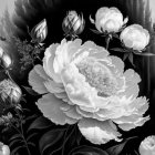 Monochrome image of peonies in different stages against dark background