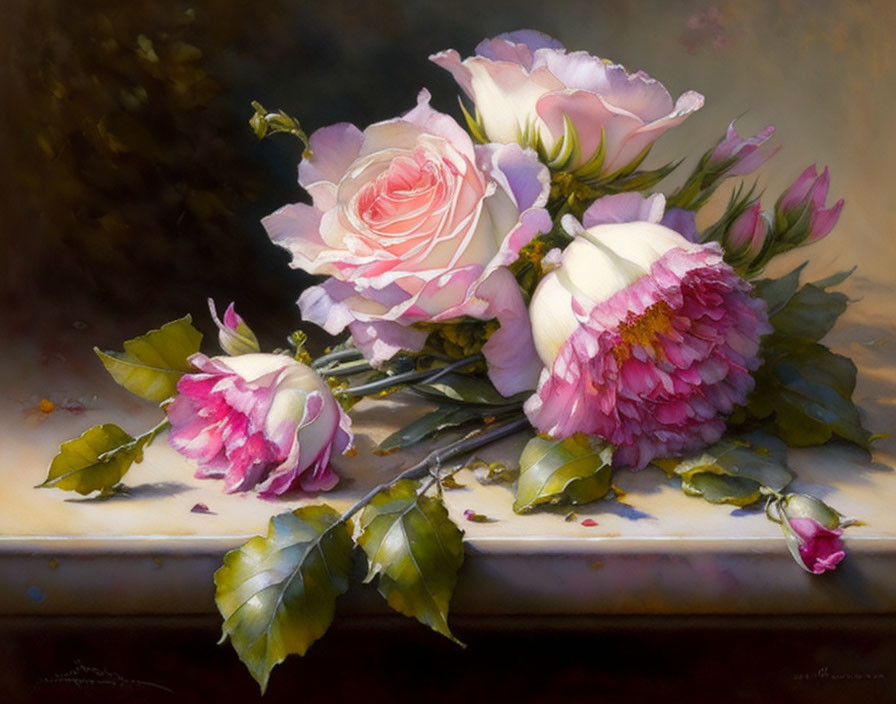 Realistic painting of pink and white roses and peonies on muted background