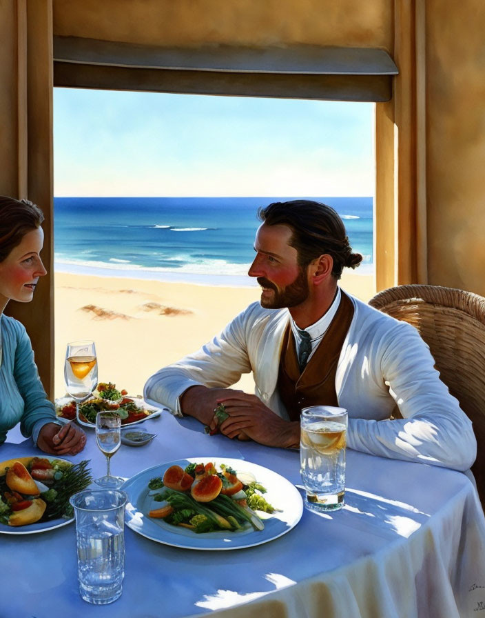 Couple dining seaside with beach and ocean view