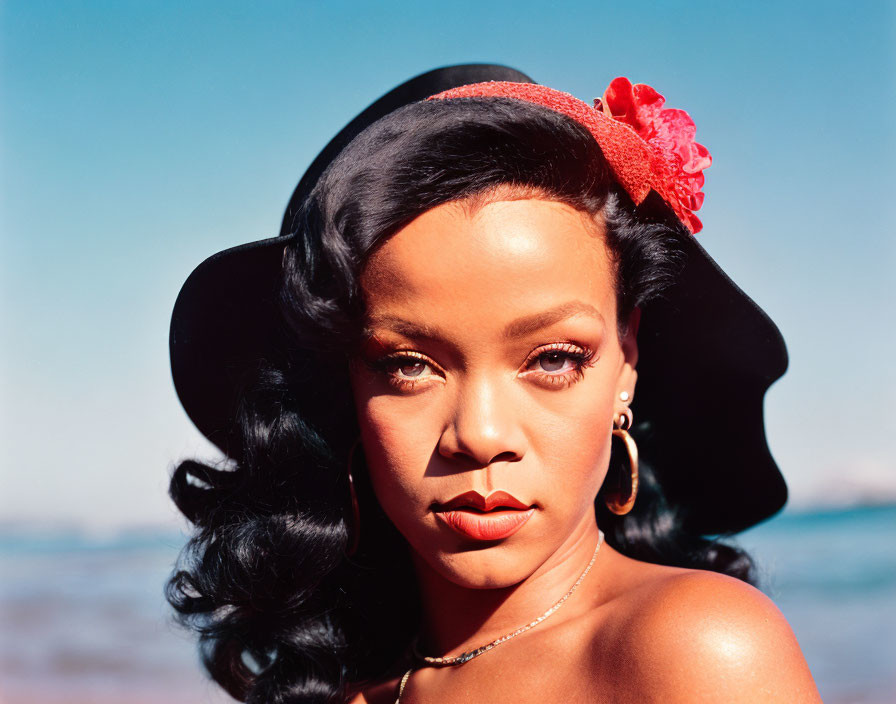 Woman with Red Flower in Hair and Black Waves on Beach Background