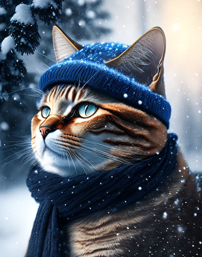 Cat in Blue Knit Hat and Scarf in Snowy Scene