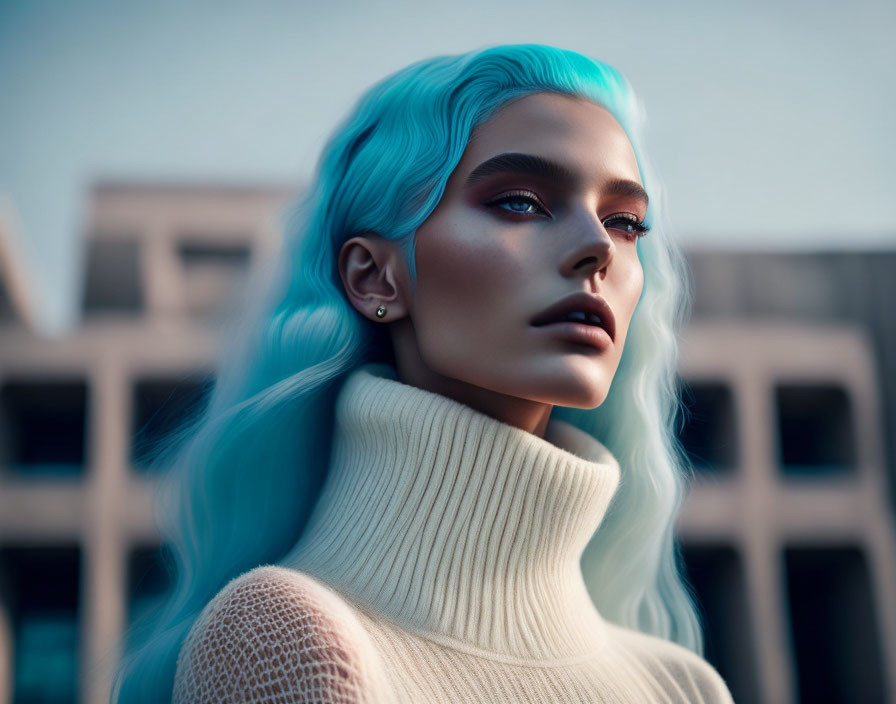 Blue-haired person in white turtleneck against urban backdrop