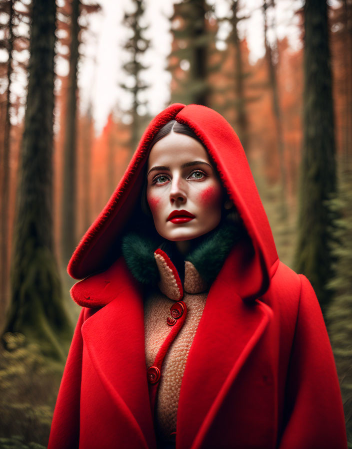 Woman in red hooded cloak in mystical forest setting