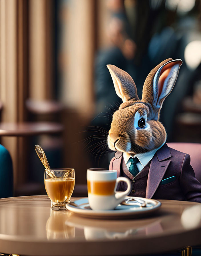 Sophisticated anthropomorphic rabbit in suit at café table with coffee and spoon