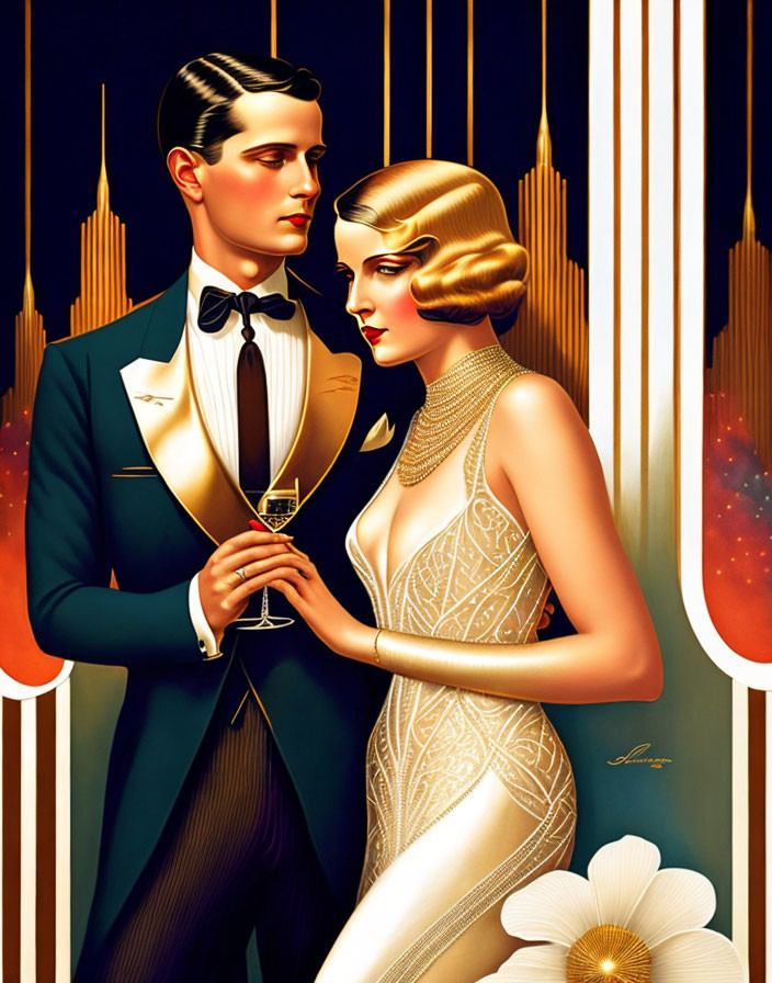 Elegant couple in art deco style attire against city backdrop