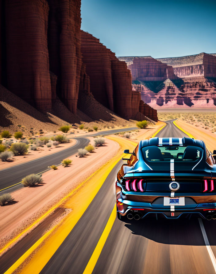 Blue sports car on winding desert road with red rock formations.