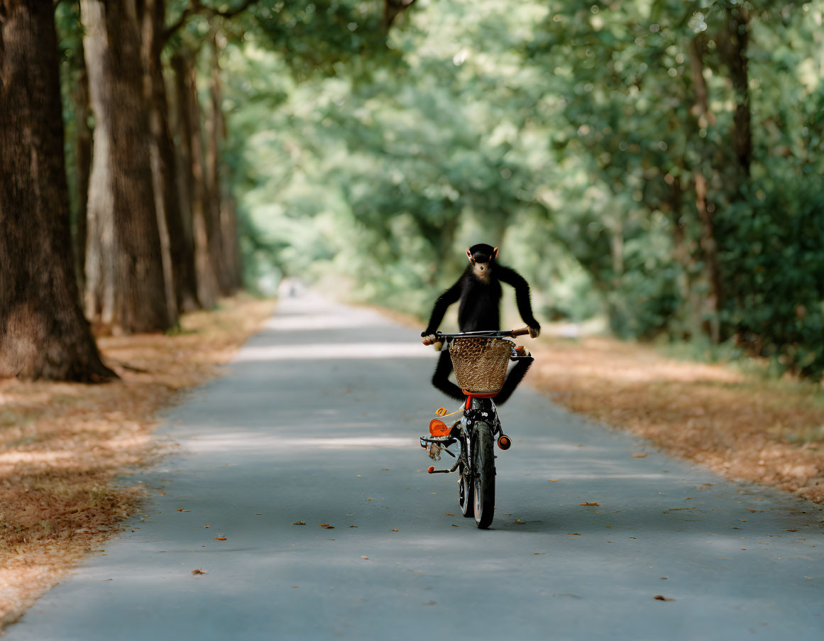 Monkey riding bicycle on tree-lined path