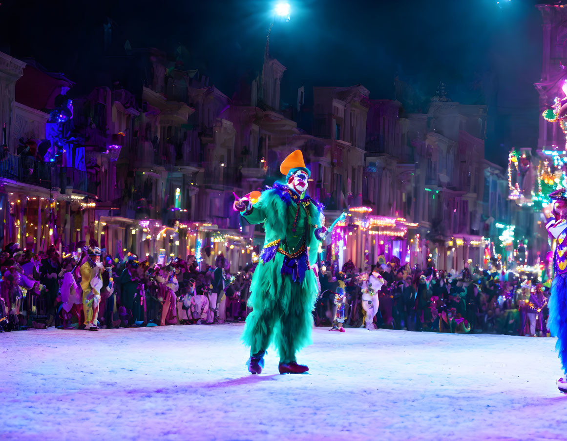 Colorful Clown Costume in Vibrant Night Parade