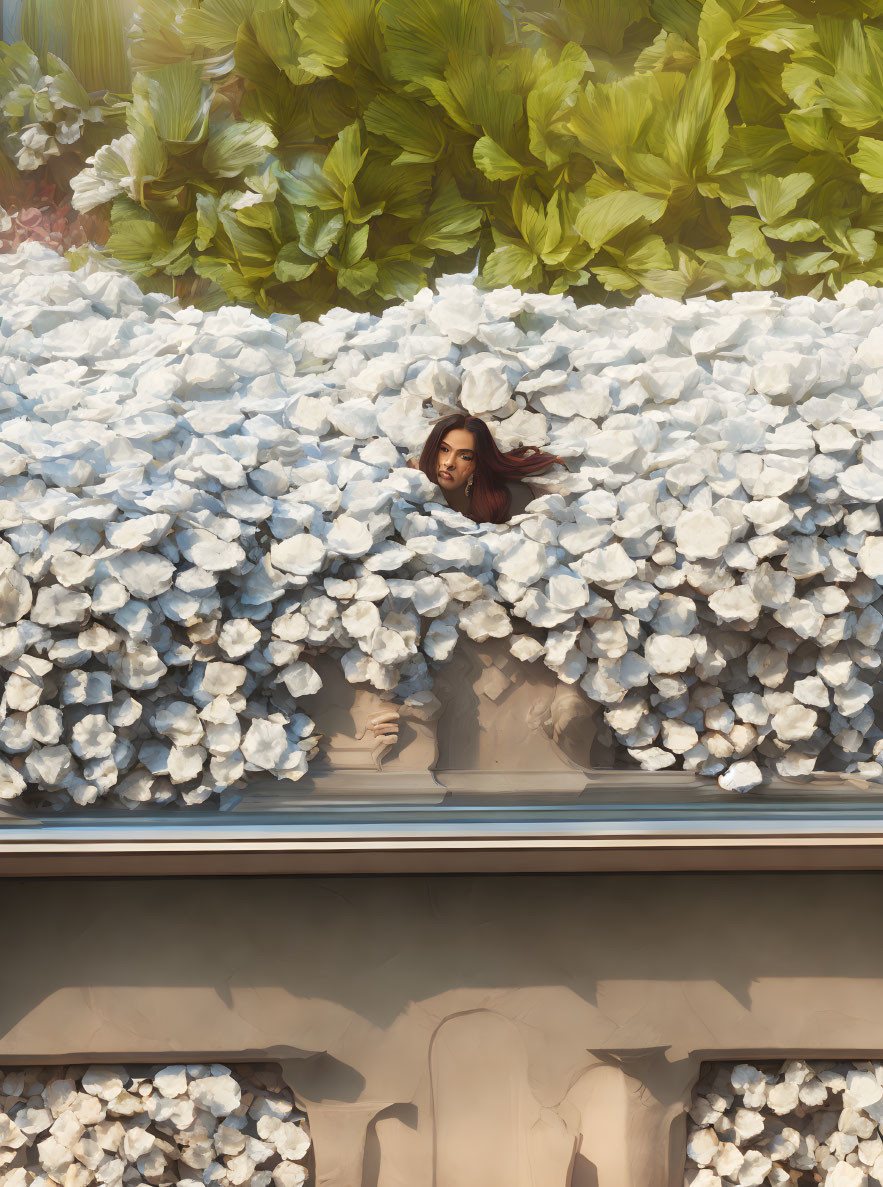 Face partially visible through dense white hydrangea hedge