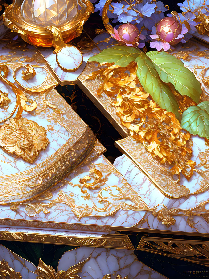 Gold-accented teapot on marble table with golden embellishments and purple flowers