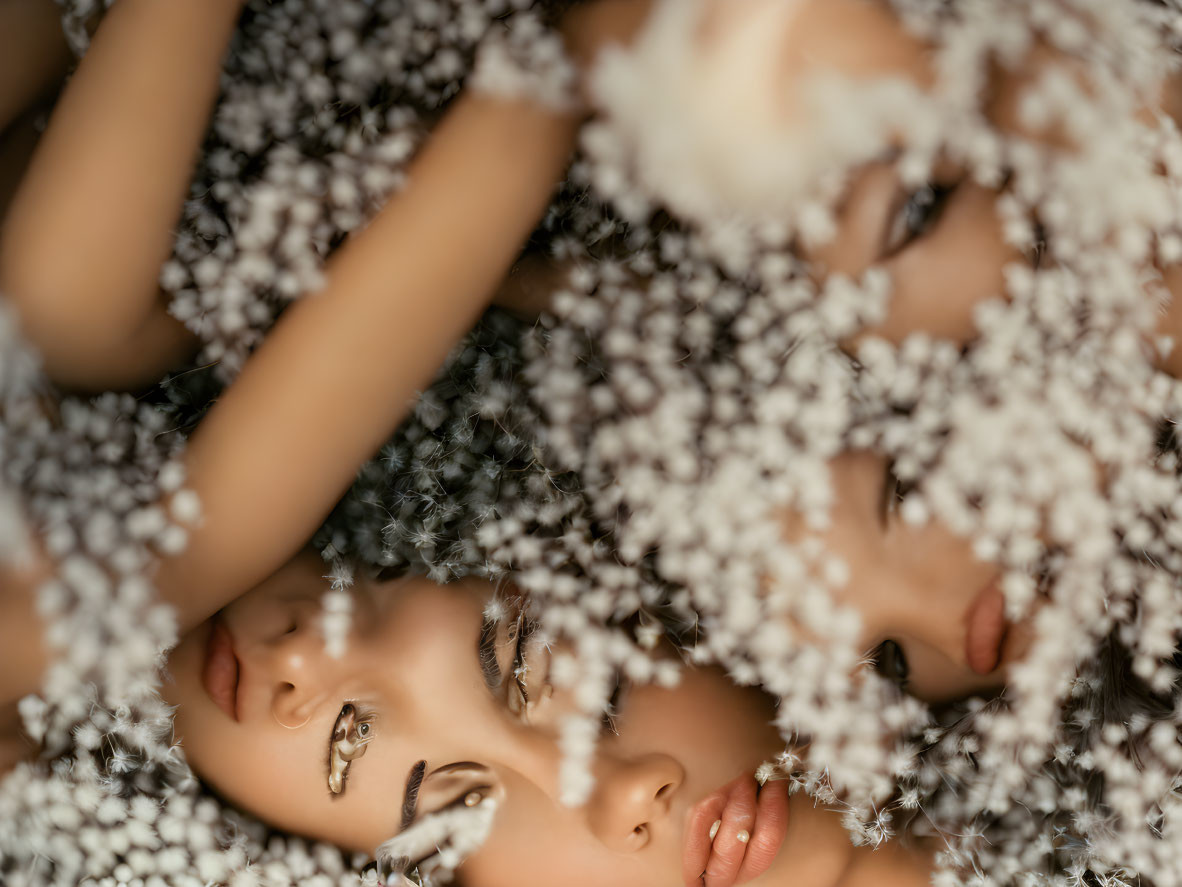 Close-up of two faces with white flowers, calm expressions, and soft tones