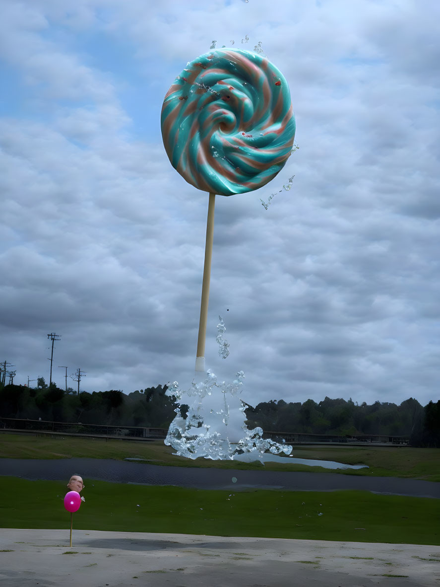 Swirl design large lollipop melting into liquid with smaller pink lollipop on cloudy sky background