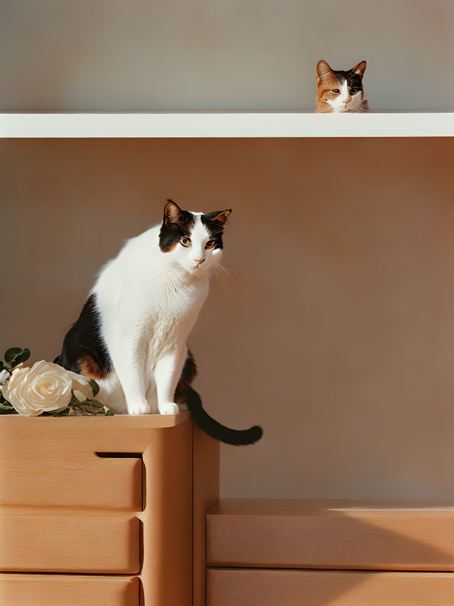 Two Cats on Dresser with Rose and Peeking from Wall