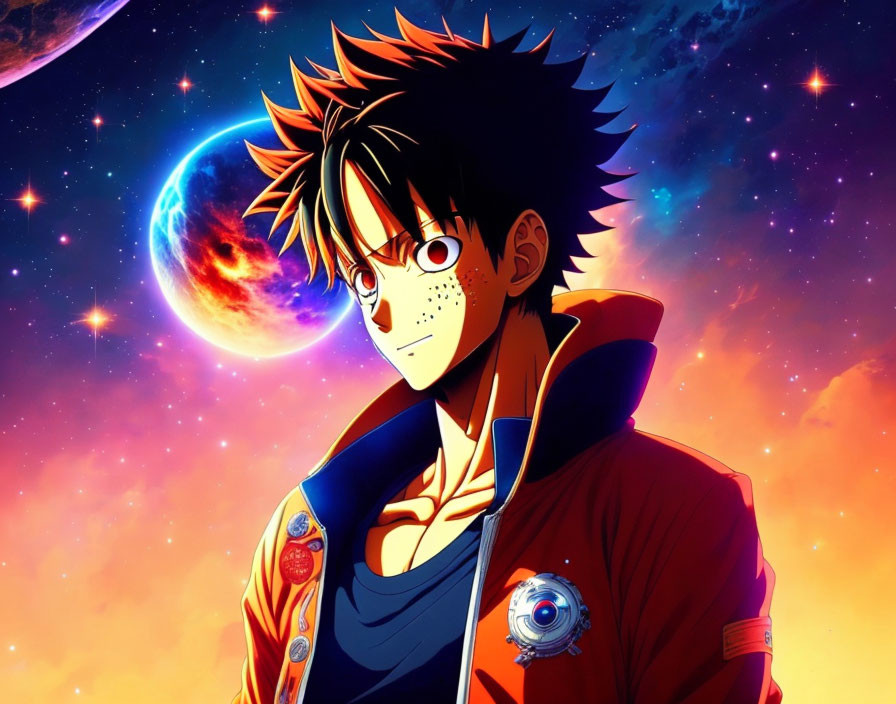 Spiky-Haired Anime Character with Badges and Mechanical Eye in Space Theme