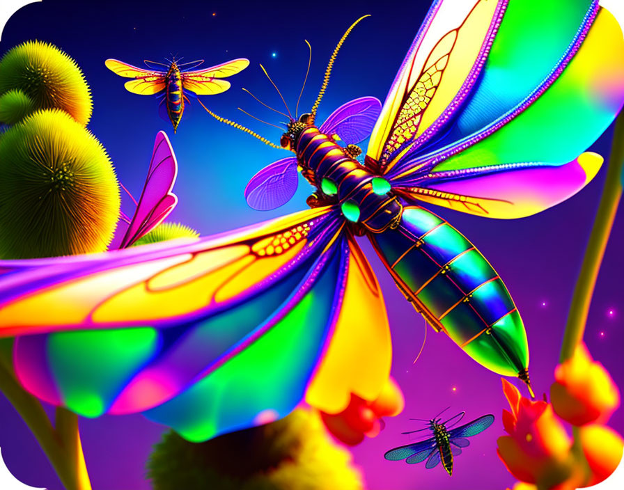 Colorful Dragonfly Artwork with Iridescent Wings and Neon Background