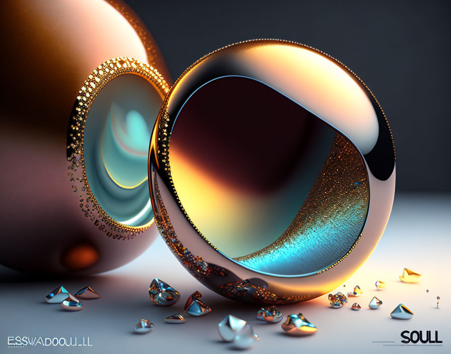 3D Rendered Image: Metallic Hollow Spheres with Geometric Shapes