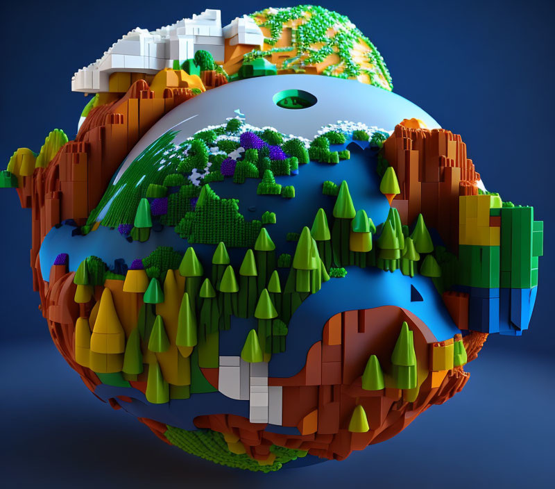 Vibrant 3D-rendered planet with blocky, pixelated textures