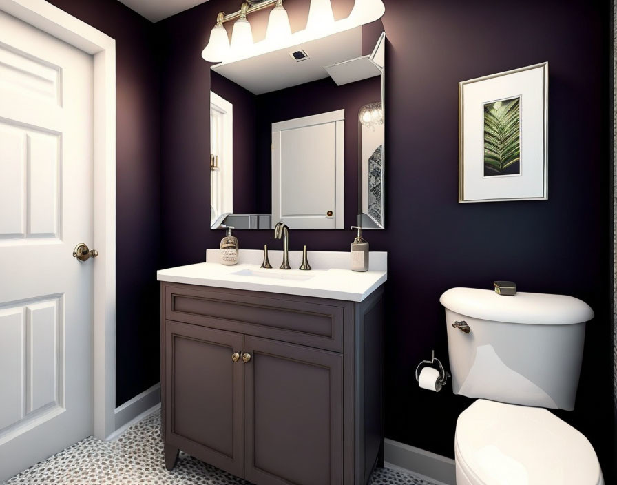 Dark Purple Walls in Modern Bathroom with White Fixtures and Wooden Vanity