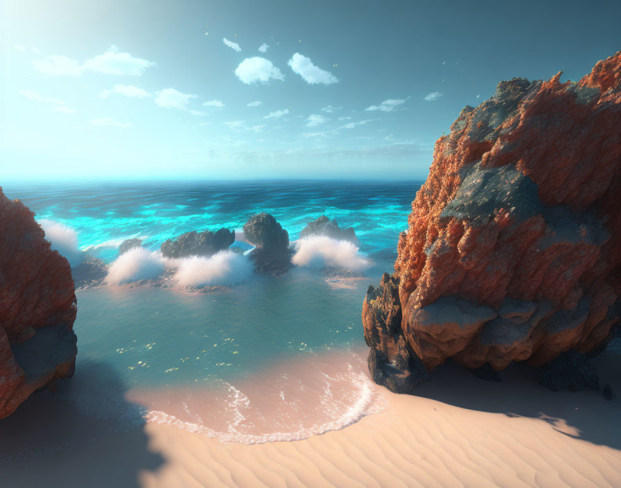 Tranquil beach scene with blue ocean, white sands, red-orange cliffs under sunny sky