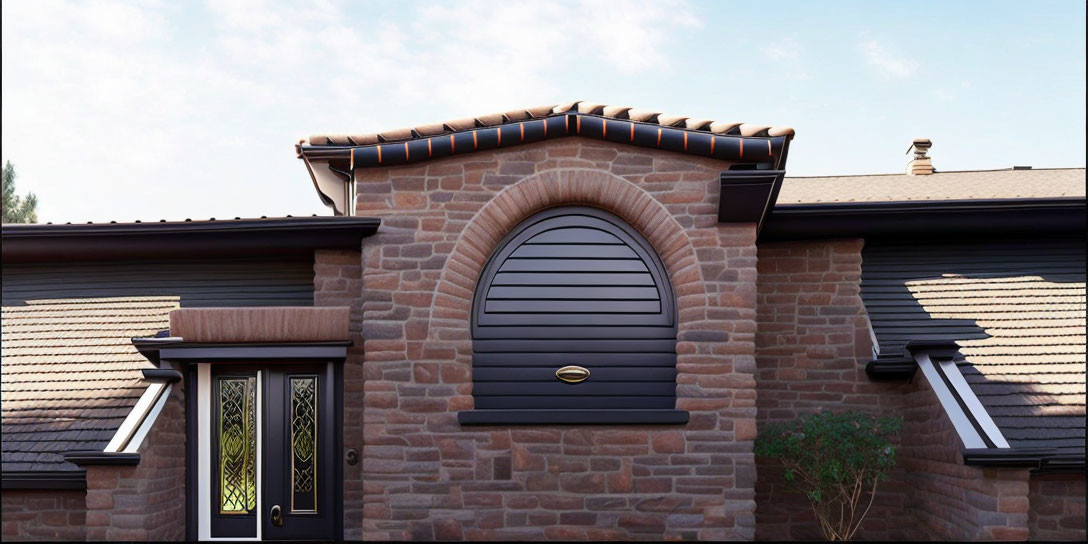 Residential facade close-up: brick wall, black door, arched window, terracotta roof