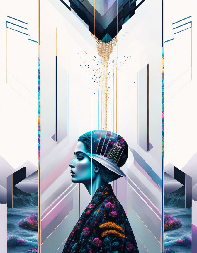 Blue-skinned woman profile connected to geometric structure in surreal digital artwork