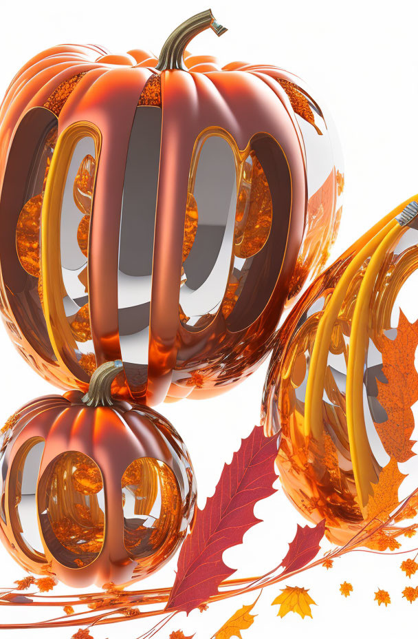 Shiny metallic pumpkins among autumn leaves on white background