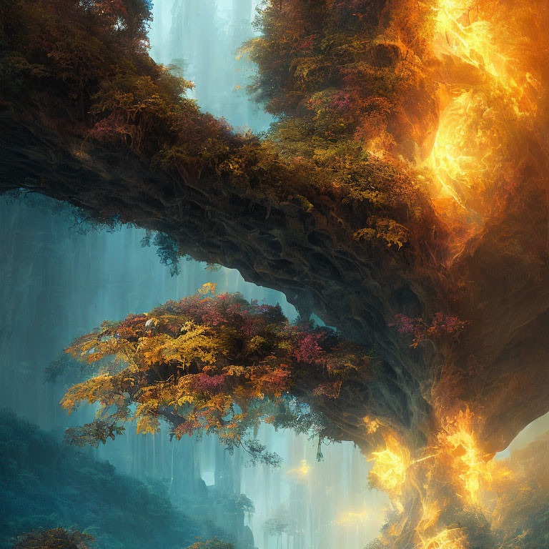 Mystical overgrown archway in dense, ethereal forest with luminous fiery glow