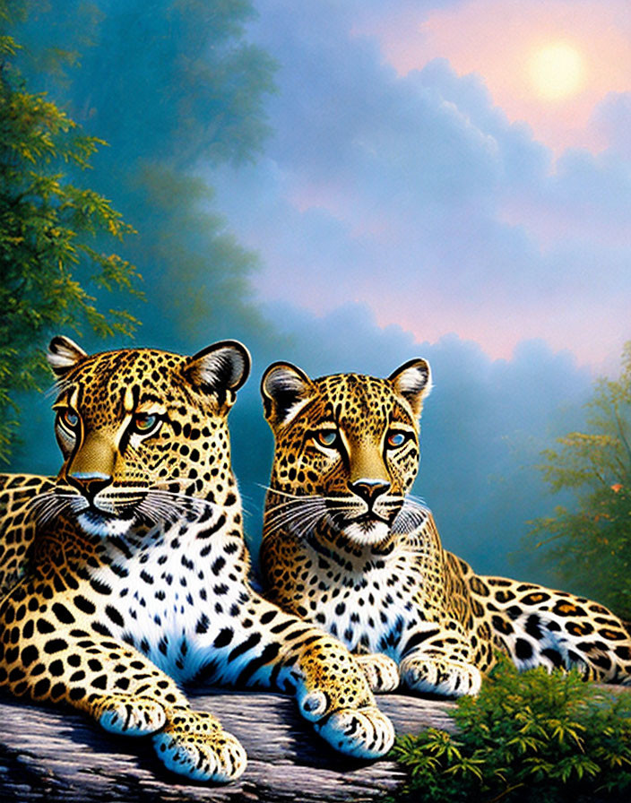 Two leopards resting in a lush forest at dusk