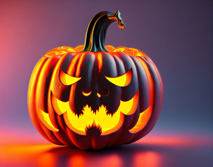 Glowing Halloween pumpkin with scary carved face on purple background