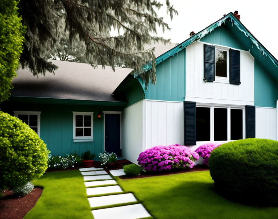 Charming Blue House with White Trim and Garden