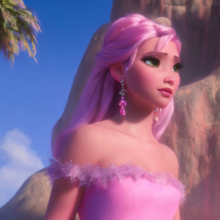 Pink-haired animated character in lace dress and earrings