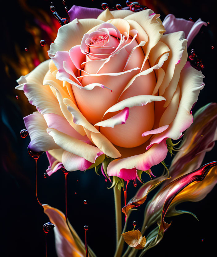 Pink and Cream Rose with Droplets on Dark Background