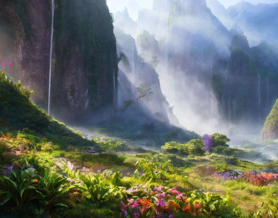 Lush Green Valley with Vibrant Flowers and Towering Cliffs