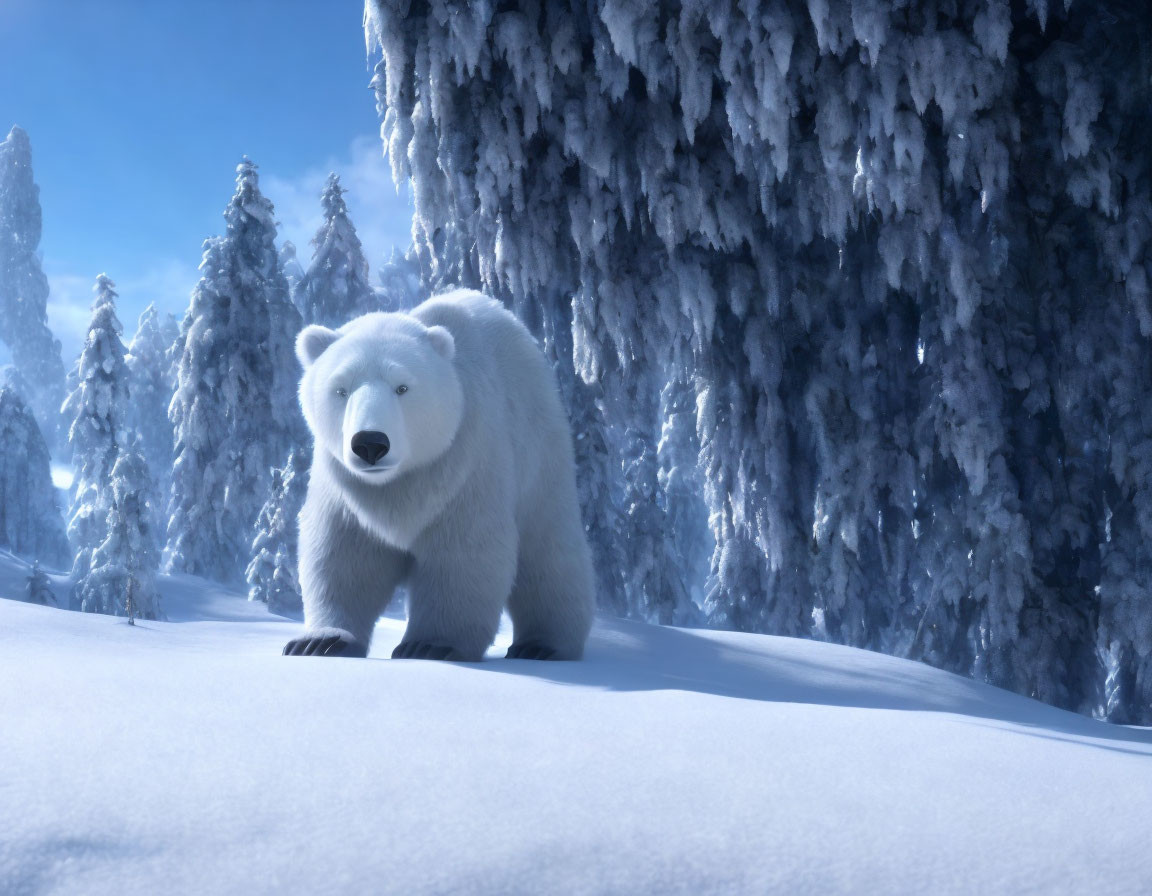 Polar bear in snowy landscape with frosted trees