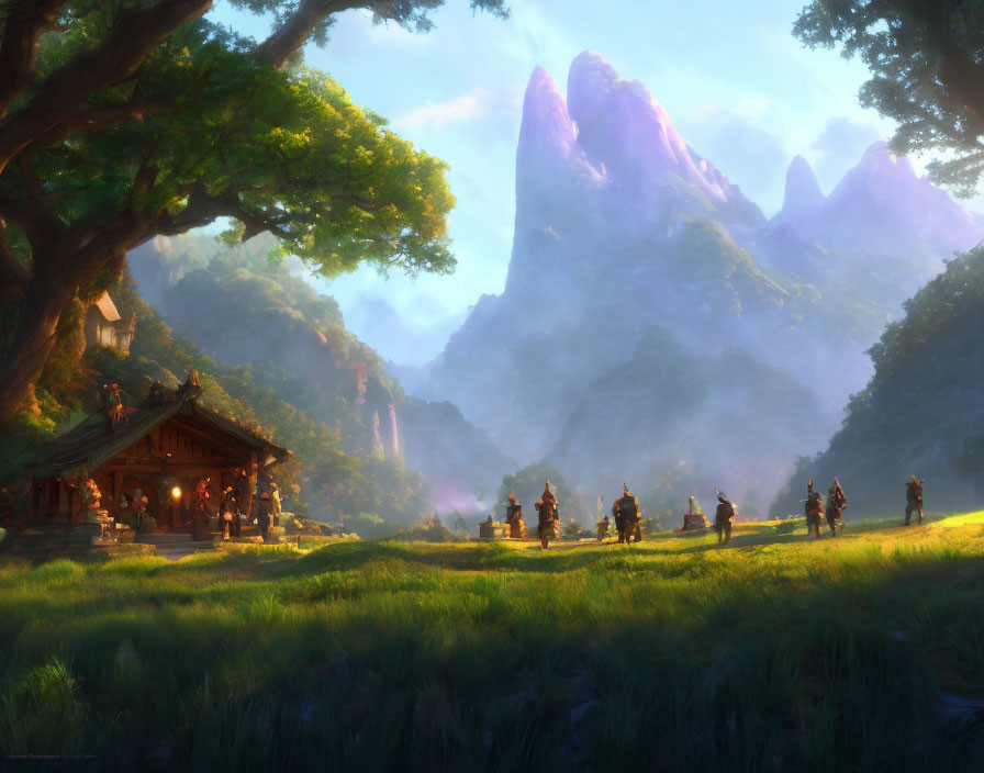 Tranquil fantasy landscape with wooden house, lush greenery, mountains, and figures.