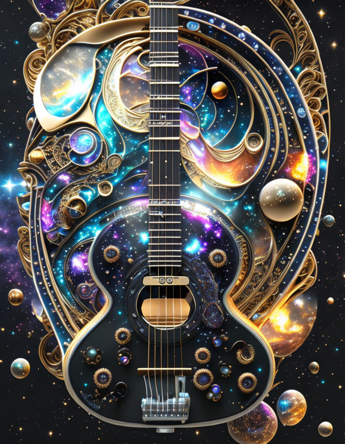 Surreal cosmic fusion: guitar with swirling galaxies and stars