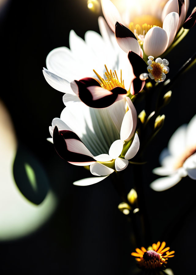 White Flowers with Yellow Centers and Dark Tips on Dark Background with Sunlight Slice