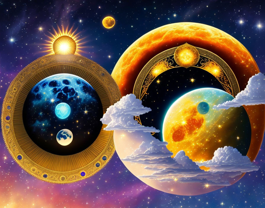 Colorful cosmic illustration with planets, moons, and stars in space