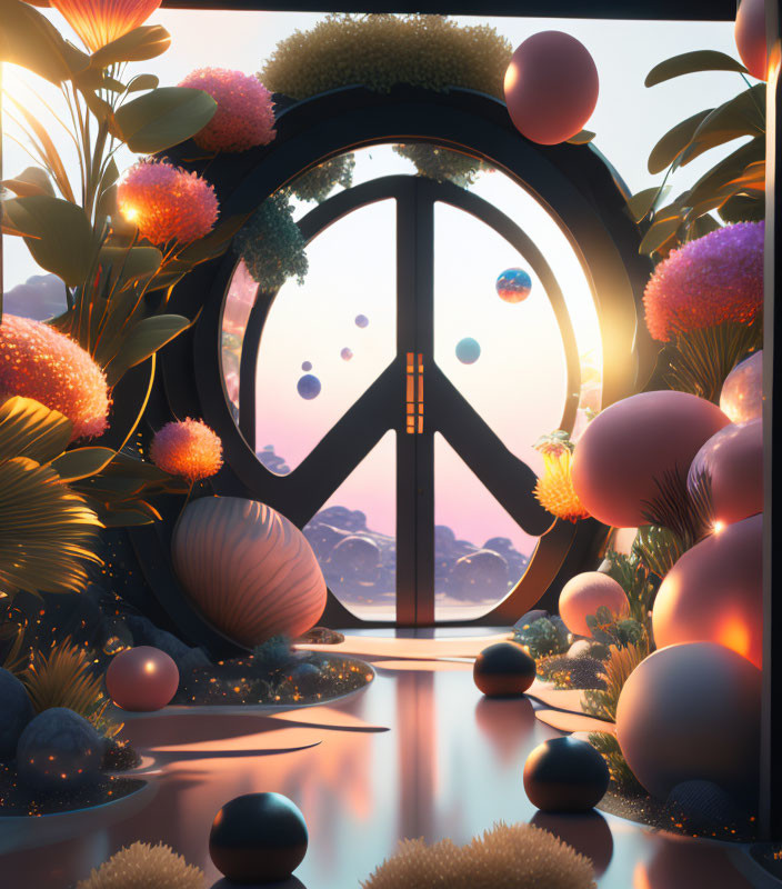 Fantastical landscape with circular gate, alien flora, and floating orbs