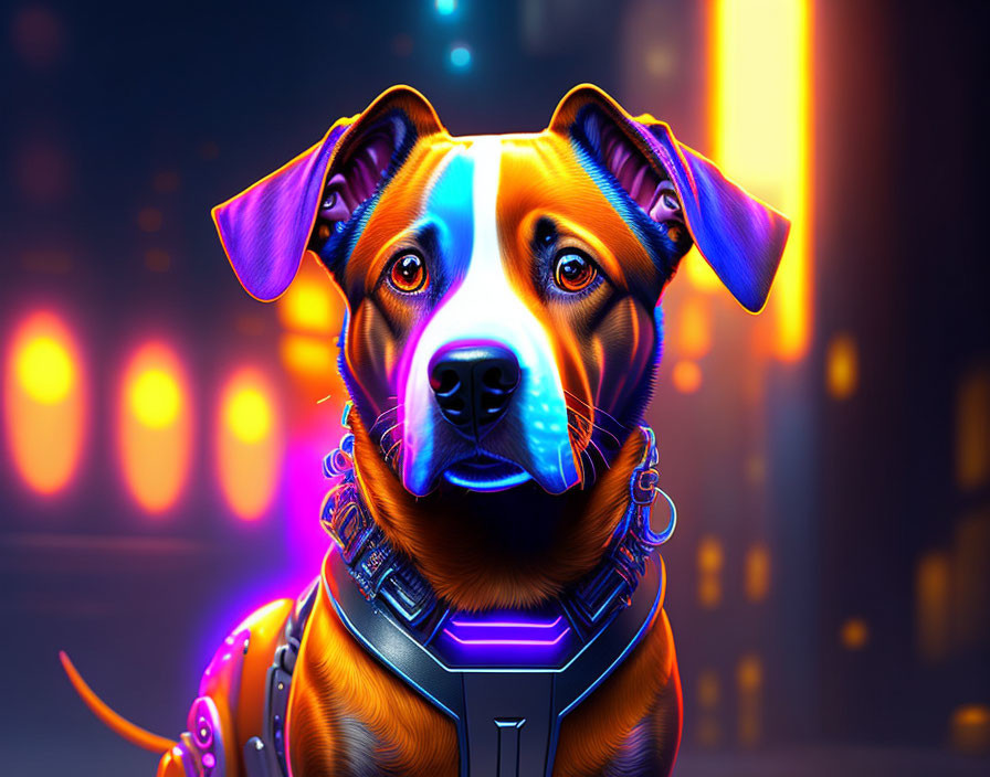 Colorful digital artwork: Dog in neon blue and orange, city lights bokeh.