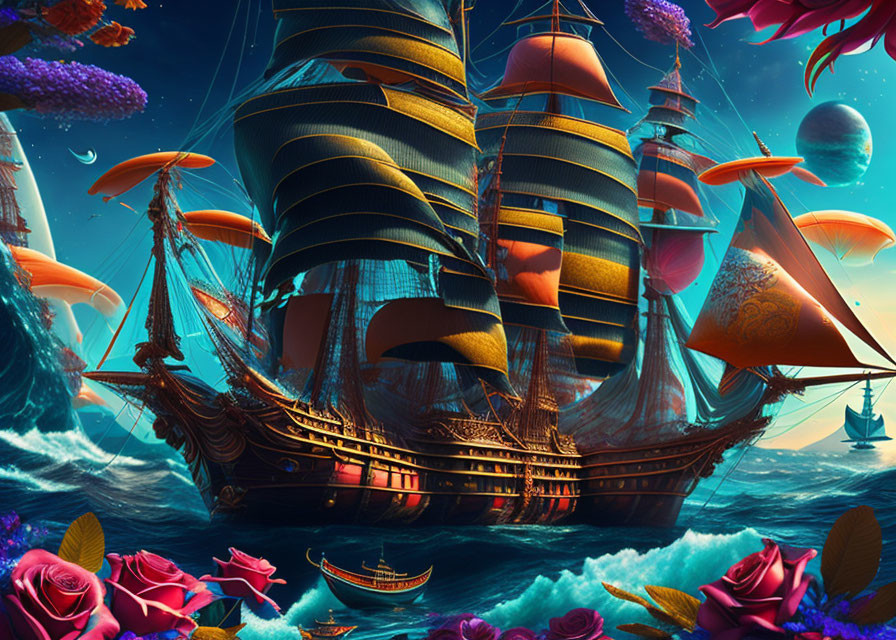 Fantastical digital artwork: Golden-lit sailing ship on vibrant, otherworldly ocean