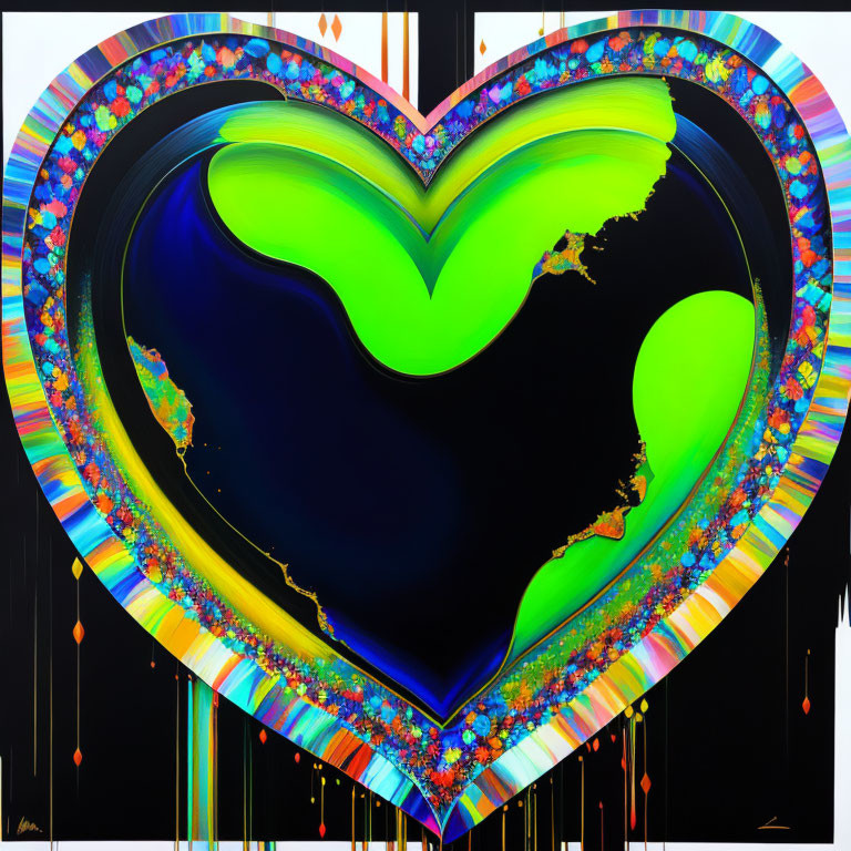 Abstract multicolored heart graphic on black background