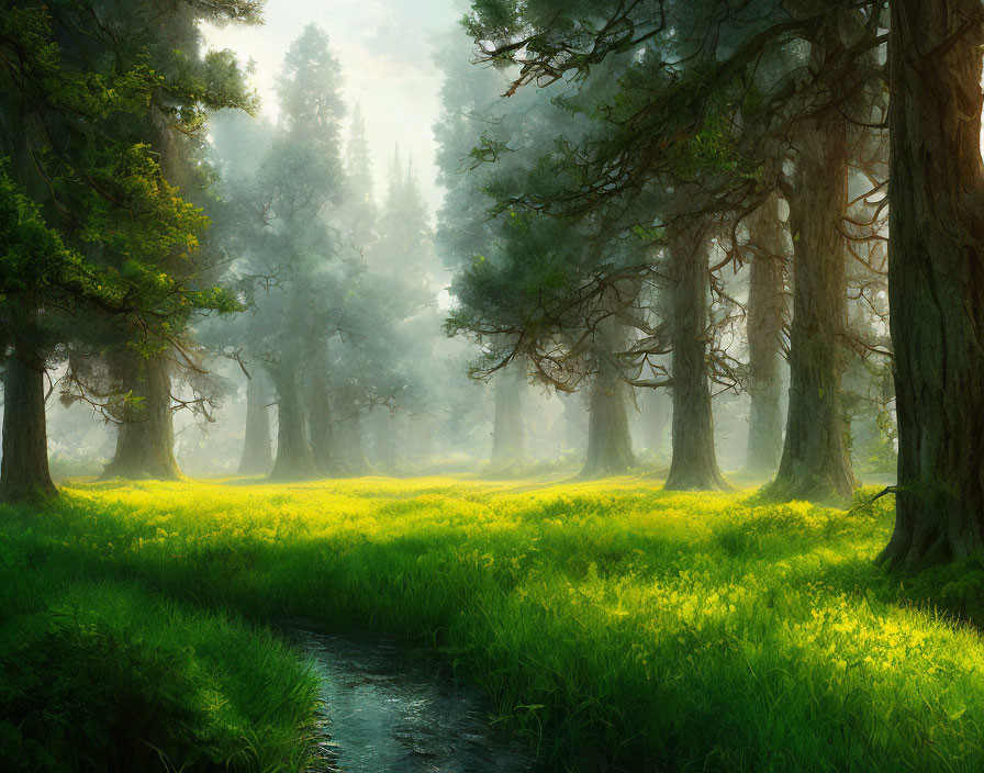 Tranquil forest landscape with tall trees, stream, sunlight, mist, and green grass