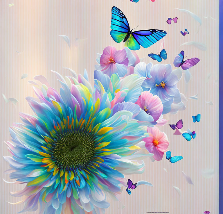 Colorful flower and butterflies in digital art on beige background