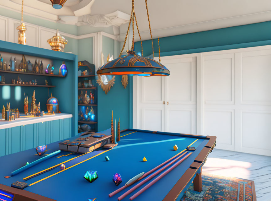 Colorful Room with Blue Pool Table and Geometric Balls in Copper-Lit Setting