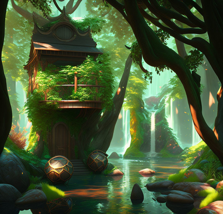 Mystical treehouse in enchanting forest with waterfalls and glowing orbs