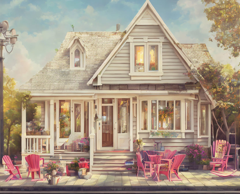 Charming wooden house with sunny porch and pink chairs amidst greenery