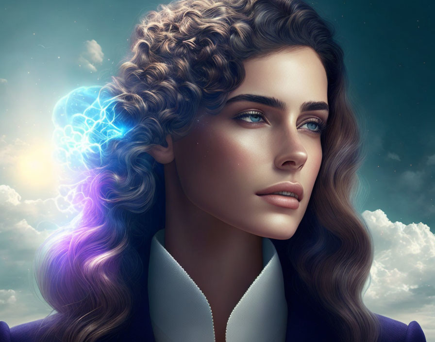 Digital artwork: Woman with curly brown hair and blue eyes, glowing brain, cloudy sky.