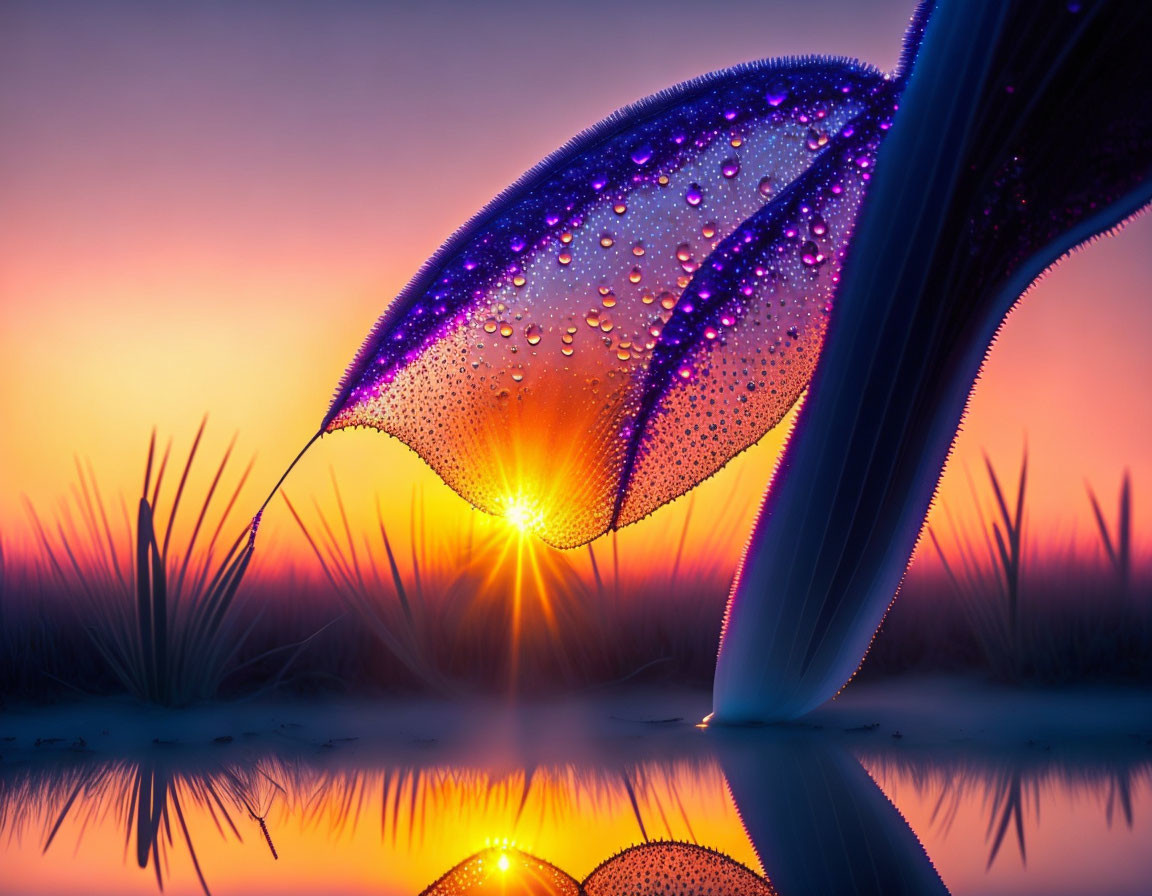 Leaf with dewdrops at sunset: Tranquil scene with glowing sun and vibrant colors