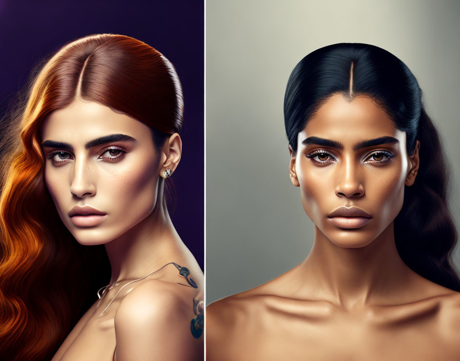 Portraits of women with striking makeup and intense gazes on gradient background